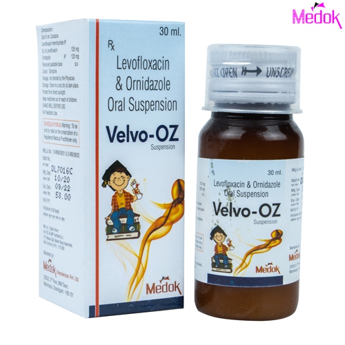 Product Name: Velvo OZ, Compositions of Velvo OZ are Levofloxacin & Ornidazole Oral Suspension - Medok Life Sciences Pvt. Ltd