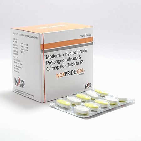 Product Name: Noxpride Gm2, Compositions of Noxpride Gm2 are Metformin Hydrochloride Prolonged-Release & Glimepiride Tablets Ip - Noxxon Pharmaceuticals Private Limited