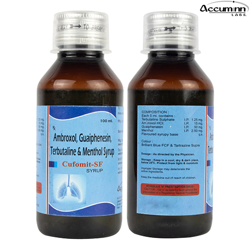 Product Name: Cufomit SF, Compositions of Cufomit SF are Ambroxol, Guaiphensin, Terbutaline & Menthol Syrup - Accuminn Labs