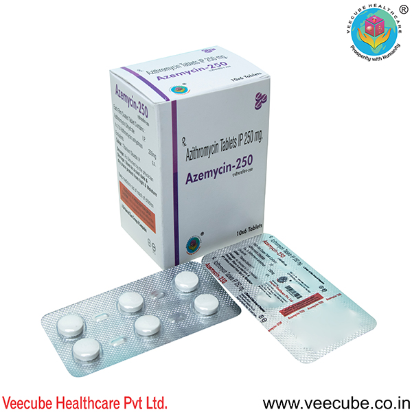Product Name: AZEMYCIN 250, Compositions of AZEMYCIN 250 are Azithromycin Tablets IP 250mg - Veecube Healthcare Private Limited