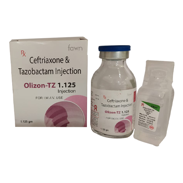 Product Name: OLIZON TZ 1.125, Compositions of OLIZON TZ 1.125 are Ceftriaxone 1gm + Tazobactum 125mg - Fawn Incorporation