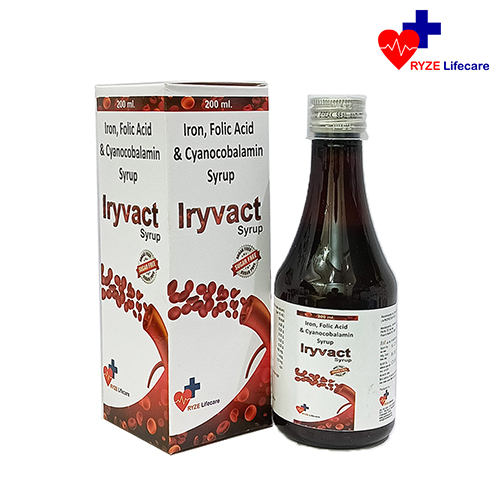 Product Name: Iryvact Syrup, Compositions of Iryvact Syrup are Iron, Folic Acid & Cyanocobalamin Syrup - Ryze Lifecare