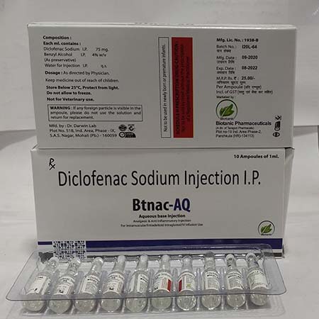 Product Name: Btnac AQ, Compositions of Btnac AQ are Diclofenac Sodium Injection I.P. - Biotanic Pharmaceuticals