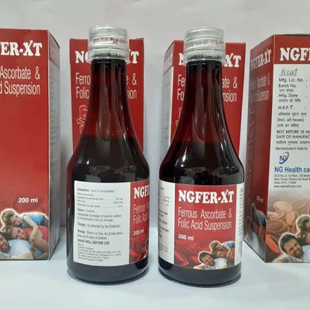 Product Name: Ngfer XT, Compositions of Ngfer XT are Ferrous Ascorbate & Folic Acid Suspension - NG Healthcare Pvt Ltd