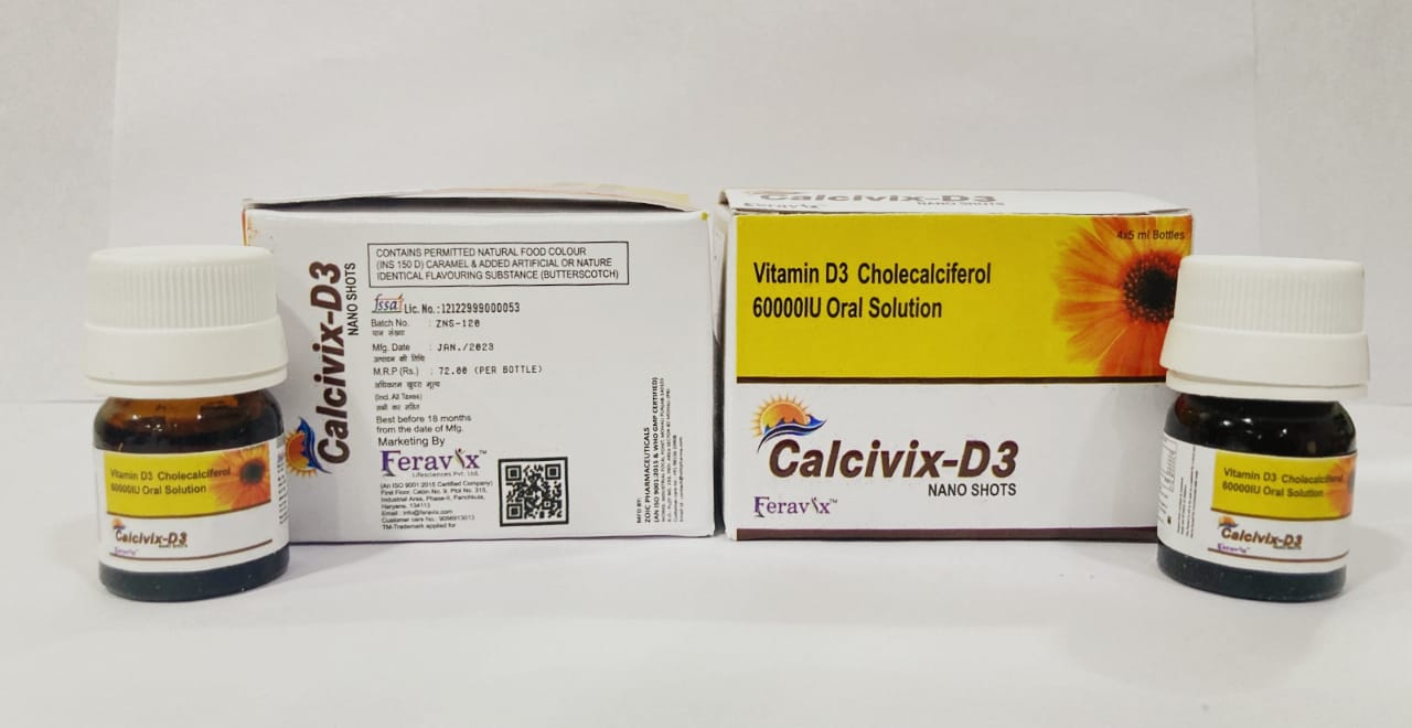 Product Name: CALCIVIX D3 Nano Shots, Compositions of CALCIVIX D3 Nano Shots are VITAMIN D3 ORAL SOLUTION - Feravix Lifesciences