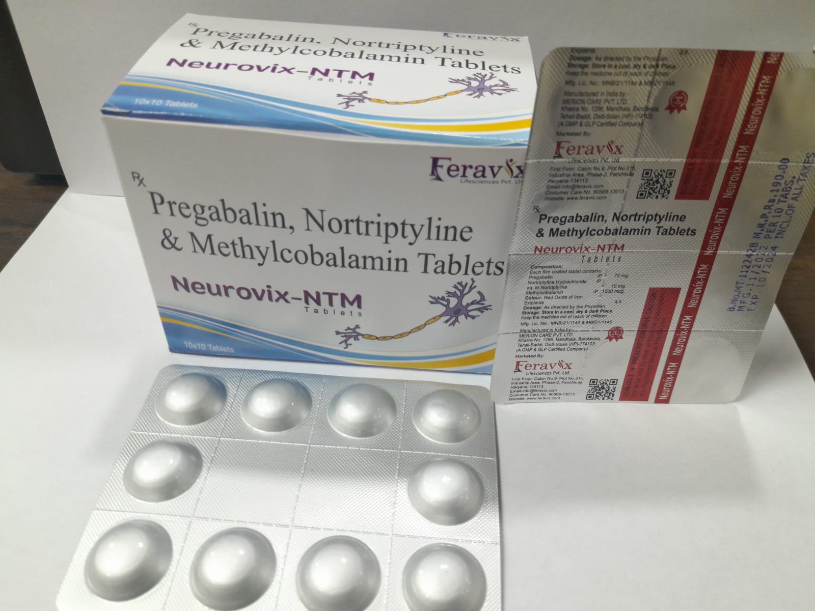 Product Name: NEUROVIX NTM Tablets, Compositions of NEUROVIX NTM Tablets are PREGABALIN 75MG, METHYLCOBALAMIN 1500MCG, NORTRIOTYLINE 10MG - Feravix Lifesciences