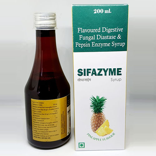Product Name: Sifazyme, Compositions of Sifazyme are Flavoured Digestive Fungal Diastase & Pepsin Enzyme Syrup - Pride Pharma