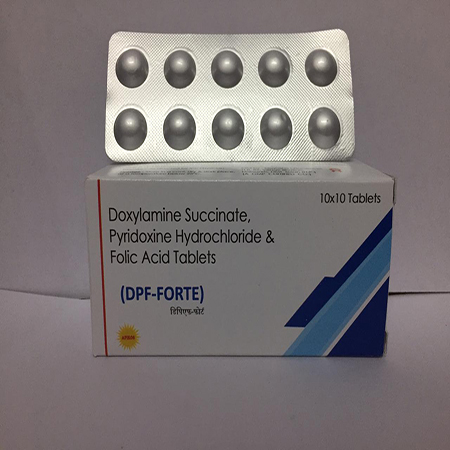 Product Name: DPF FORTE, Compositions of DPF FORTE are Doxylamine Succinate, Pyridoxine HCL & Folic Acid Tablets - Apikos Pharma