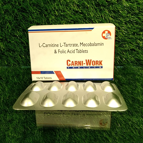Product Name: Carni Work, Compositions of Carni Work are L-Carnitine,L-Tartrate,Mecobalamin & Folic Acid Tablets - Crossford Healthcare