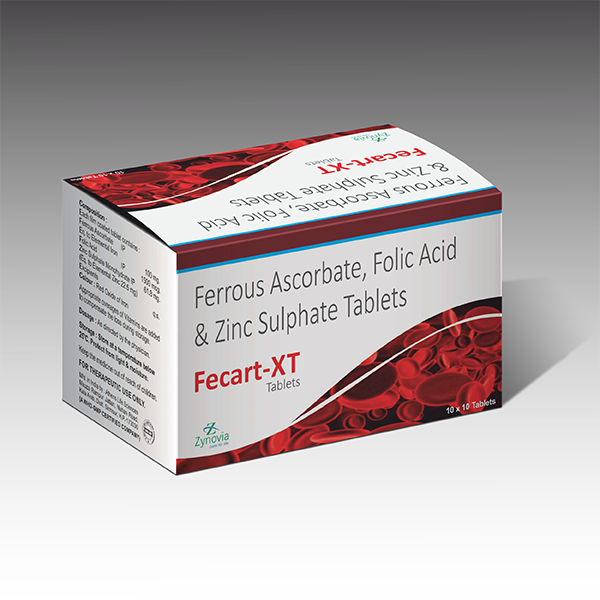 Product Name: Fecart XT, Compositions of Fecart XT are Ferrous Ascorbate Folic Acid & Zinc Sulphate Tablets - Zynovia Lifecare