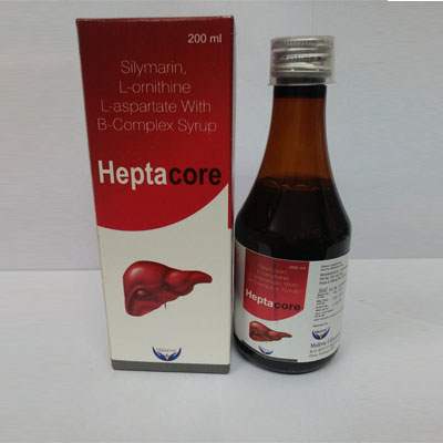 Product Name: Heptacore syrup, Compositions of Heptacore syrup are Silymarin, L-ornithine L-aspartate with B-Complex Syrup - Cubic Lifesciences Private Limited