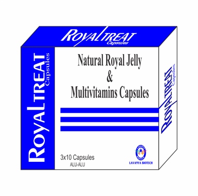 Product Name: Royaltreat, Compositions of Royaltreat are Natural Royal Jelly & Multivitamins Capsules - Lavanya Biotech