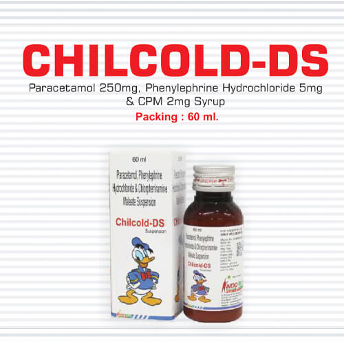 Product Name: Childcold DS, Compositions of Childcold DS are Pararacetamol 250 mg,Phenylephrine Hydrochloride 5 mg & CPM 2mg Syrup - Pharma Drugs and Chemicals