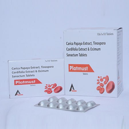 Product Name: PLATMUST, Compositions of PLATMUST are Carica Papaya Extract, Tinospora Cordifolia Extract & Ocimum Sanactum Tablets - Alencure Biotech Pvt Ltd