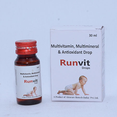 Product Name: RUNVIT, Compositions of RUNVIT are Multivitamin, Multiminerals & Antioxidants Drops - Alencure Biotech Pvt Ltd