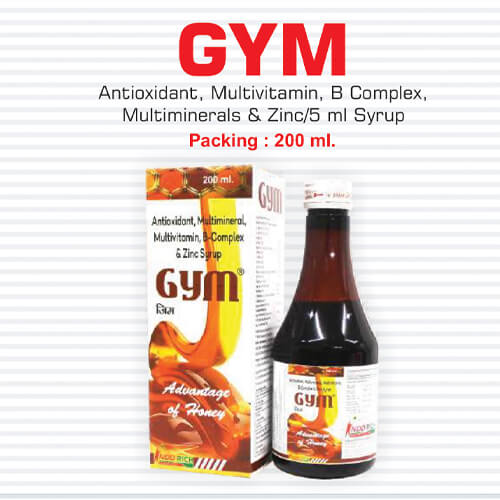 Product Name: GYM Syrup, Compositions of GYM Syrup are Anti-oxidant,Multivitamin,B-Complex,Multimineral & Zinc/5 ml Syrup - Pharma Drugs and Chemicals