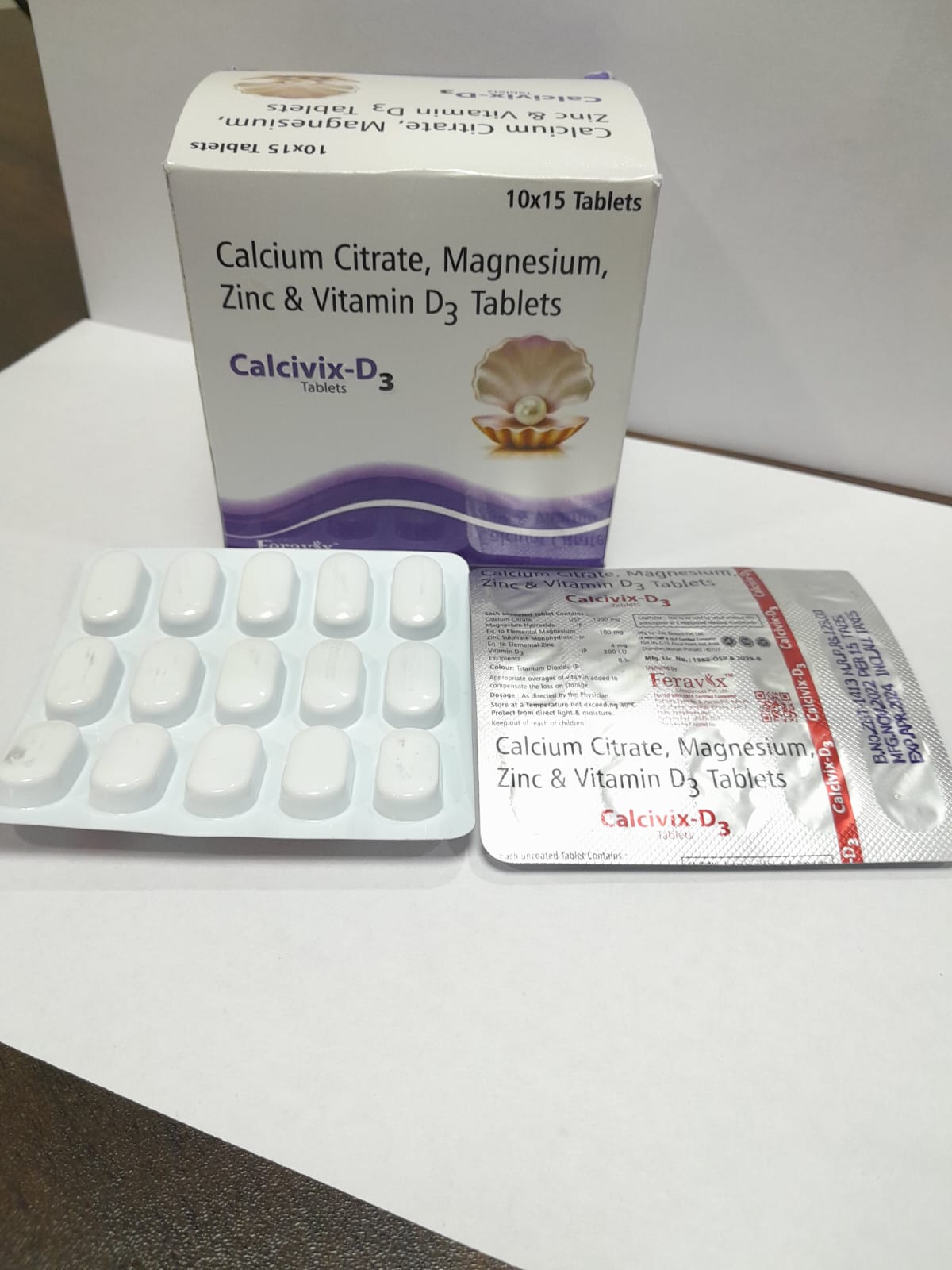 Product Name: CALCIVIX D3 Tablets, Compositions of CALCIVIX D3 Tablets are CALCIUM CITRATE 1000MG, VITAMIN D3 200IU, ZINC SULPHATE 4 MG, MAGNESIUM 100MG  - Feravix Lifesciences