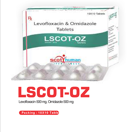 Product Name: Lscot OZ, Compositions of Lscot OZ are Levofloxacin & Ornidazole tablets - Scothuman Lifesciences
