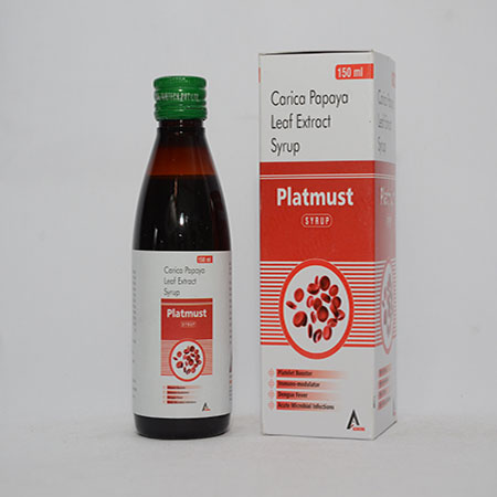 Product Name: PLATMUST, Compositions of PLATMUST are Carica Papaya Leaf Extract Syrup - Alencure Biotech Pvt Ltd