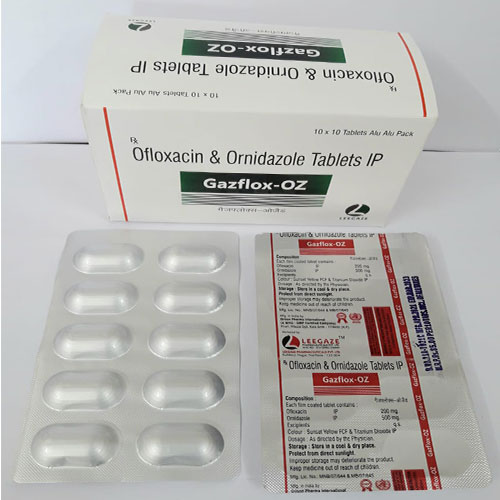 Product Name: Gazflox OZ, Compositions of Gazflox OZ are Ofloxacin Ornidazole - Leegaze Pharmaceuticals Private Limited
