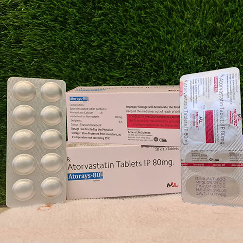Product Name: Atorays 80, Compositions of Atorays 80 are Atorvastatin Tablets IP 80 mg - Medizec Laboratories