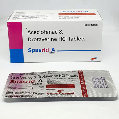 Product Name: Spasrid A, Compositions of Spasrid A are Aceclofenac & Drotavaerine Hcl Tablets - Pride Pharma