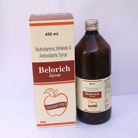 Product Name: Belorich, Compositions of Multivitamin, Minerals & Antioxidants Syrup are Multivitamin, Minerals & Antioxidants Syrup - Eviza Biotech Pvt. Ltd