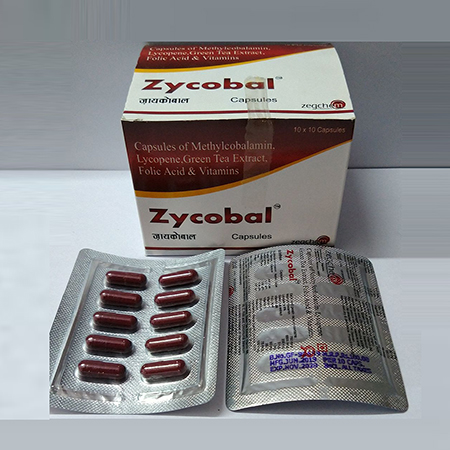 Product Name: Zycobal, Compositions of Zycobal are Capsules of Methylcobalamin Lycopene,Green Tea Extract Foloic Acid & Vitamins - Zegchem