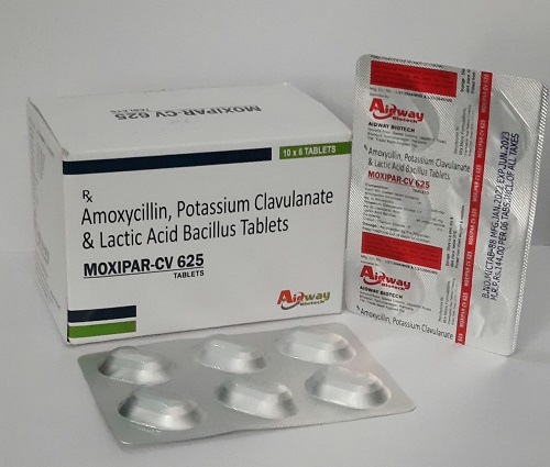 Product Name: Moxipar CV 625, Compositions of Moxipar CV 625 are Amoxicyllin,Potassium Clavunate & Lactic Acid Bacillus Tablets - Aidway Biotech
