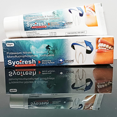 Product Name: Syofresh, Compositions of Syofresh are Potassium Nitrate & Sodium Monofluorophasphate Toothpaste - Sycon Healthcare Private Limited