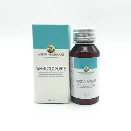Product Name: Wentcold Forte, Compositions of Wentcold Forte are Phenylphrine HCL, Chlormethorphan Citrate, Paracetamol, Serratiopeptidase Suspension - Amzor Healthcare Pvt. Ltd