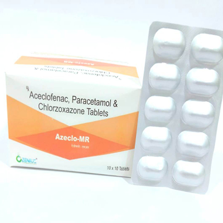 Product Name: AZECLO MR, Compositions of AZECLO MR are Aceclofenac, Paracetamol & Chlorzoxazone Tablets - Ozenius Pharmaceutials