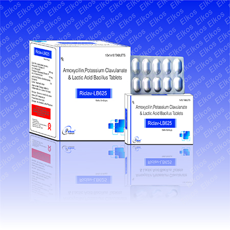 Product Name: Riclav LB625, Compositions of Riclav LB625 are Amoxycillin Potassium Clavulanate & Lactic Acid Bacillus Tablets - Elkos Healthcare Pvt. Ltd