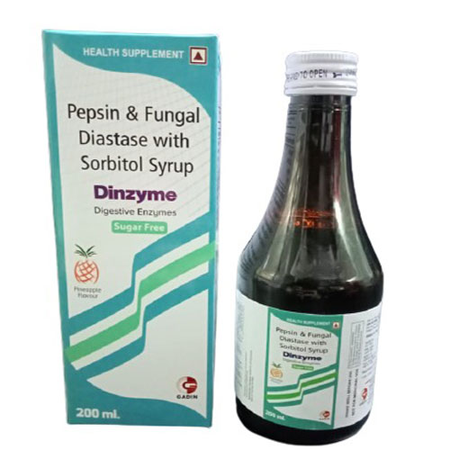 Product Name: DINZYME, Compositions of DINZYME are FUNGAL DIASTASE 50 MG + PEPSIN 10 MG - Gadin Pharmaceuticals Pvt. Ltd