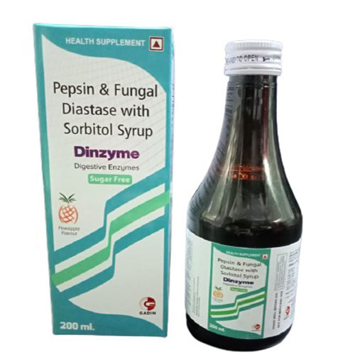 Product Name: Dinzyme, Compositions of Dinzyme are FUNGAL DIASTASE 50 MG + PEPSIN 10 MG - Gadin Pharmaceuticals Pvt. Ltd