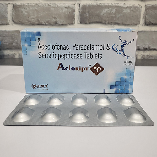 Product Name: Acloript  SP, Compositions of Acloript  SP are Aceclofenac Paracetamol & serrationpeptidase Tablets - Kript Pharmaceuticals