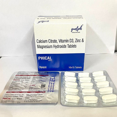 Product Name: Phical, Compositions of Phical are Calcium Citrate, Vitamin D3 Zinc & Megnesium Hydroxide Tablets - Guelph Healthcare Pvt. Ltd