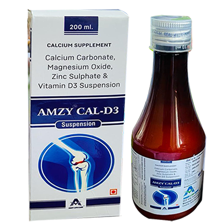 Product Name: AMZY CAL D3, Compositions of AMZY CAL D3 are Calcium Carbonate, Magnesium Oxide, Zinc Sulphate & Vitamin D3 Suspension - Amzy Life Care