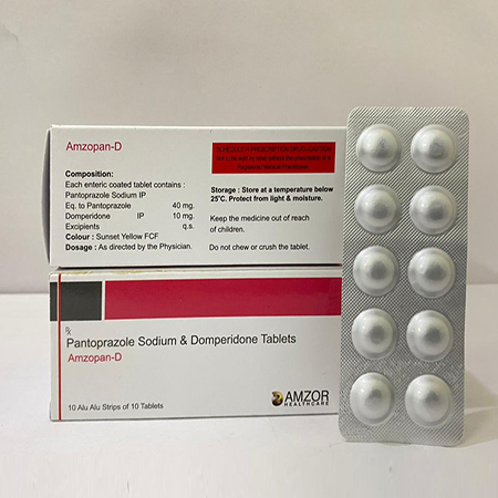 Product Name: Amzopan D, Compositions of Amzopan D are Pantoprazole Sodium & DomperidonTablets  - Amzor Healthcare Pvt. Ltd