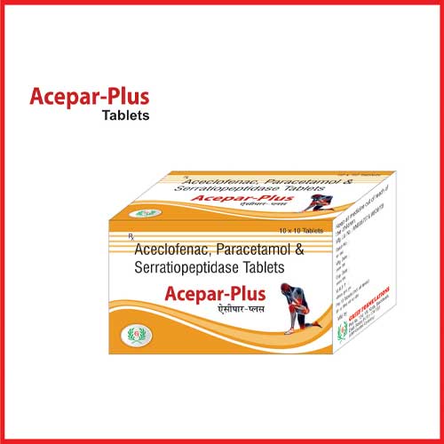 Product Name: Acepar Plus, Compositions of Acepar Plus are Aceclofenac,Paracetamol  & Serratiopeptidase Tablets - Greef Formulations