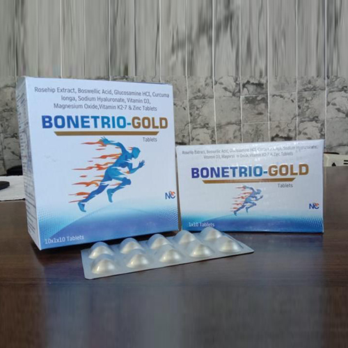 Product Name: Bonetrio Gold, Compositions of Bonetrio Gold are Rose Hip Extract,Bosewellic Acid,Glucosamine HCL,Curcuma,Longa,Sodium Hyaluronate,Vitamin D3,Magnesium Oxide,Vitamin k27and Zinc Tablets - Jonathan Formulations