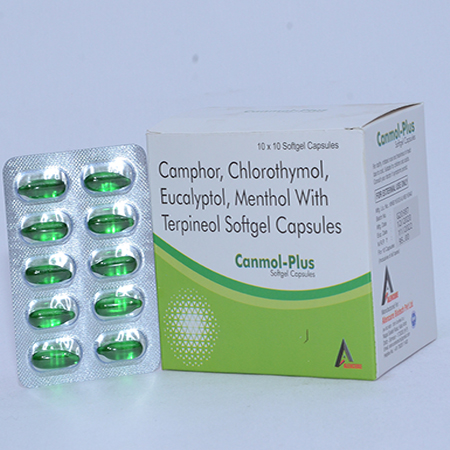 Product Name: CANMOL PLUS, Compositions of CANMOL PLUS are Camphor, Chlorthymol, Eucalyptol, Menthol With Terpineol Capsules - Alencure Biotech Pvt Ltd