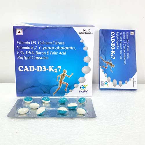 Product Name: Cad D3 K27, Compositions of Cad D3 K27 are Vitamin D3,Calcium Citrate Malate,Vitamin K27 Cyanocobalamin,EPA,DHA,Boron & Folic Acid Softgel Capsules - Caddix Healthcare