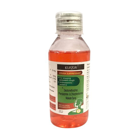 Product Name: KUFZOR, Compositions of KUFZOR are Dextomethorphan, Phenylphrine & Chlorpheniramine Maleate Syrup - Amzor Healthcare Pvt. Ltd