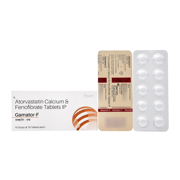 Product Name: GAMATOR F, Compositions of Atorvastatin Calcium & Fenofibrate I.P (10mg+160mg) are Atorvastatin Calcium & Fenofibrate I.P (10mg+160mg) - Fawn Incorporation