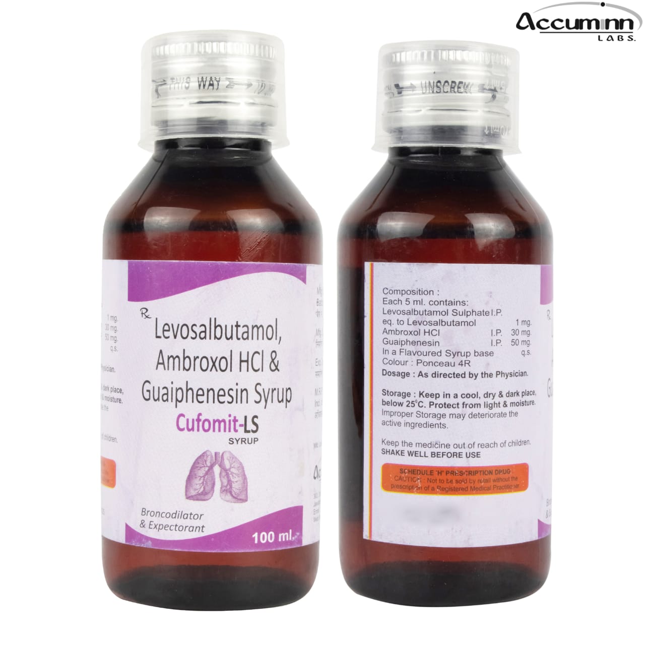Product Name: Cufomit LS, Compositions of Cufomit LS are Levosalbutamol , Ambroxol HCL & Guaiphenesin Syrup - Accuminn Labs