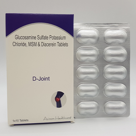 Product Name: D Joint, Compositions of D Joint are Glucosamine Sulfate Potassium Chloride, MSM and Diacerein Tablets - Acinom Healthcare