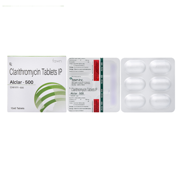 Product Name: ALCLAR 500, Compositions of ALCLAR 500 are Clarithromycin I.P. 500 mg. - Fawn Incorporation