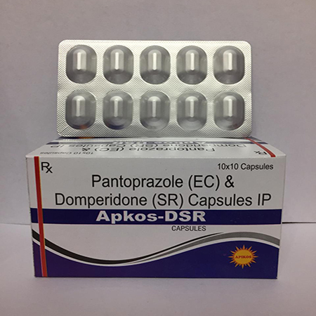 Product Name: APKOS DSR, Compositions of APKOS DSR are Pantoprazole (EC) Domperidone (SR) Capsules IP - Apikos Pharma