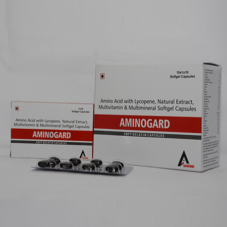 Product Name: Aminogard, Compositions of Aminogard are Amino Acid with Lycopene, Natural Extract, Multivitamin & Multiminerals Softgel Capsules - Alencure Biotech Pvt Ltd